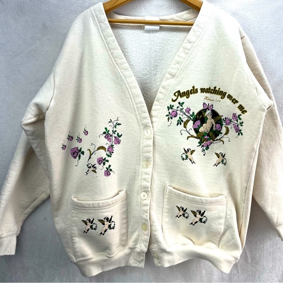 Mayberry USA Apparel Vtg 90s Med Christian Kitsch Jesus Angels Roses Cardigan - Picture 1 of 8